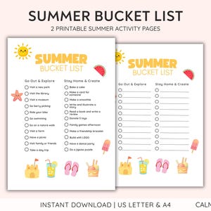 Może przedstawiać: Dwie strony z aktywnościami do druku zatytułowane Summer Bucket List. Strony zawierają ilustracje żółtego słońca, arbuza, rozgwiazdy, zamku z piasku, napoju, klapek i lodów. Jedna strona zawiera wypełnione listy zadań.