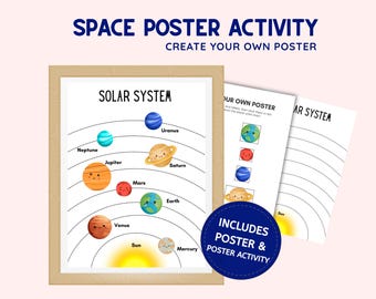 Solar System Printable Poster, Space Coloring Cut & Paste Activity, Educational Poster, Homeschool Classroom Learning Activity, Montessori