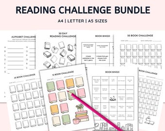 Reading Challenge BUNDLE 2026 - 12, 15, 50, 75, 100 Book Challenges - Alphabet Reading Tracker PDF - Book Bingo - Printable Reading Planner