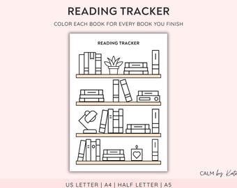 Bookshelf Reading Tracker Printable - Book Challenge Tracker - Reading Journal  - Reading Log and Book Review - Coloring Shelf