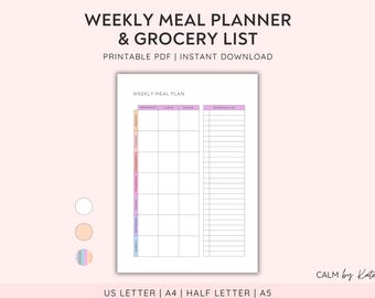 Weekly Meal Planner and Grocery List, Family Menu Plan, Printable template, Simple Minimalist Mom Planner for Food Prep