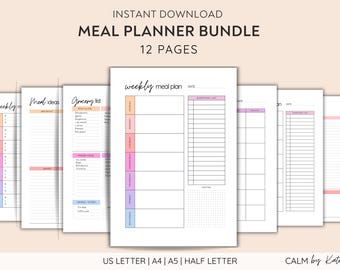 Weekly Meal Plan Printable, Family Menu Planner, Food Shopping Grocery Lists, Organized Kitchen, Instant Download, PDF Bundle