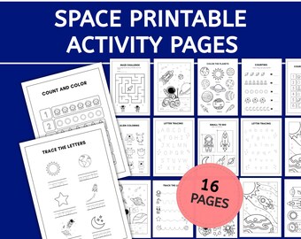 Space Learning Activities Binder - Learning Resources Printables - Coloring, Trace, Math, Alphabet + Number Worksheets, Home & Classroom PDF
