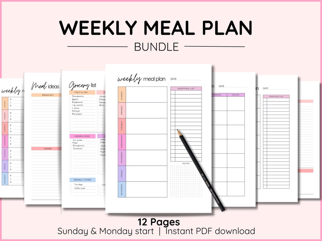 Weekly Meal Plan Printable, Family Menu Planner, Food Shopping Grocery ...