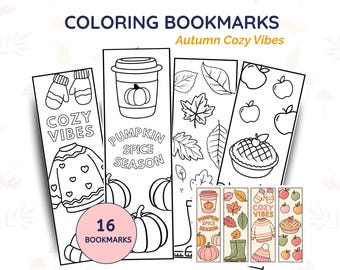 Autumn Coloring Bookmarks Printable, Fall Bookmarks to Color, Cozy Season Family Activity, Book Lover Gift, Bookmark Bundle Set, Color Pages