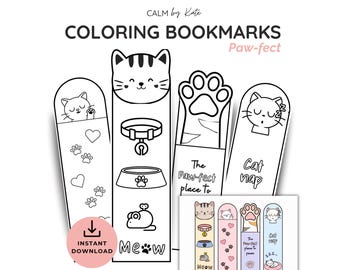 Kawaii Cat Printable Coloring Bookmarks, Kids Bold Coloring Page for girls. Cute Gift Idea Party Activity, Homeschool (Instant Download)