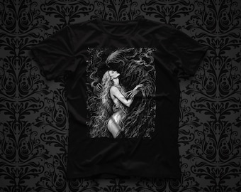 May include: A black short-sleeved t-shirt featuring a detailed white graphic print on the chest. The illustration depicts a long-haired figure embracing a dark, shadowy, ethereal entity with elongated fingers, set against a solid black background.