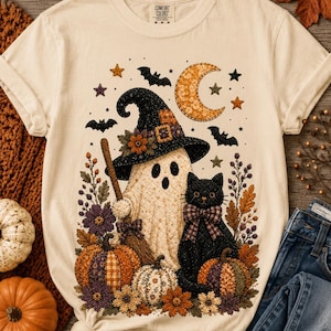 Quilted Halloween Ghost Witch PNG | Black Cat, Pumpkins, Moon (Digital Download)