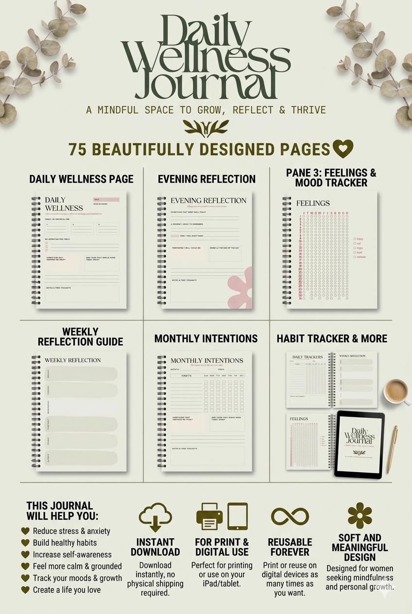 Mental Wellness Journal for Women Self Love, Healing, Daily Reflection (PDF Download)