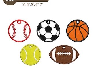 May include: Five circular and oval sports ball embroidery designs including a white baseball, black and white football, orange basketball, yellow tennis ball, and brown American football. Text reads 5 size, INSTANT DOWNLOAD, 3", 4", 5", 6", 7", PES, DST, JEF, EXP, VP3.