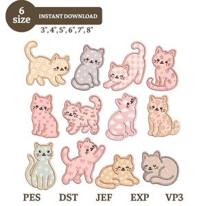 May include: A collection of eleven embroidered cat designs in various poses, featuring patterns like flowers, strawberries, cherries, clouds, hearts, and bows. The text 6 size, INSTANT DOWNLOAD, 3", 4", 5", 6", 7", 8" and file formats PES, DST, JEF, EXP, VP3 are visible.