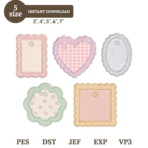 May include: Five scalloped-edge embroidery designs in various shapes including a rectangle, heart, oval, flower, and square. The designs feature patterns like pink gingham, floral prints, and solid colors. Text includes 5 size, 3", 4", 5", 6", 7", and file formats PES, DST, JEF, EXP, VP3.