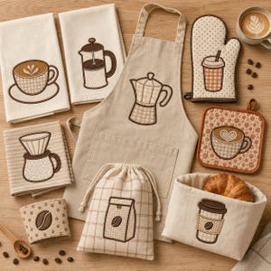 Könnte beinhalten: Eine Sammlung von Küchentextilien mit Kaffeemotiven, darunter eine beige Schürze mit Espressokocher, zwei Geschirrtücher, ein Beutel mit Kordelzug, ein Topflappen, ein Ofenhandschuh, ein Stoffkorb mit einem Croissant und eine Tassenmanschette.