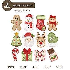 Puede incluir: Un conjunto de diseños de bordado digital con doce iconos navideños: hombre de jengibre, muñeco de nieve, calcetín, reno, árbol, Santa, manopla, bastón de caramelo, regalo, lazo y chocolate. Texto: 5 size 4.5", 5", 6", 7", 8".