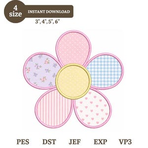 Könnte beinhalten: Ein Stickmuster einer fünfblättrigen Blume mit gelber Mitte. Jedes Blütenblatt hat ein anderes Muster: rosa Punkte, blaues Vichy-Karo, rosa Herzen, rosa Streifen und ein lila Blumenmuster. Text: 4 size 3", 4", 5", 6" sowie PES, DST, JEF, EXP, VP3.