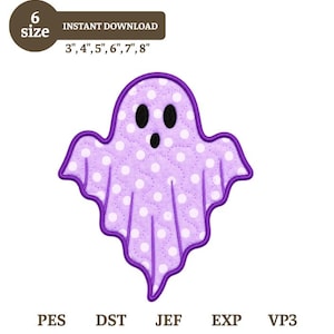 May include: An embroidery design of a ghost with a light purple fabric featuring a white polka dot pattern, black oval eyes, and a black mouth. The design includes text stating 6 size, 3", 4", 5", 6", 7", 8", and file formats PES, DST, JEF, EXP, VP3.
