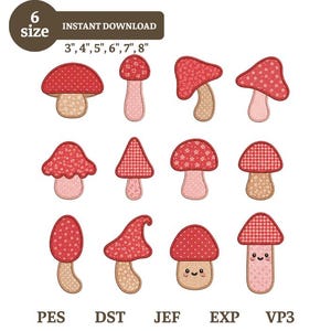 Può includere: Una collezione di dodici disegni di funghi ricamati con vari motivi rossi e rosa, inclusi fiori, pois e quadretti. Il testo riporta 6 size, INSTANT DOWNLOAD, 3", 4", 5", 6", 7", 8", PES, DST, JEF, EXP, VP3.