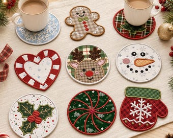 May include: A collection of nine fabric coasters featuring various holiday designs including a gingerbread person, a reindeer, a snowman, a mitten, a heart, holly, and peppermint patterns, arranged on a light-coloured fabric surface.