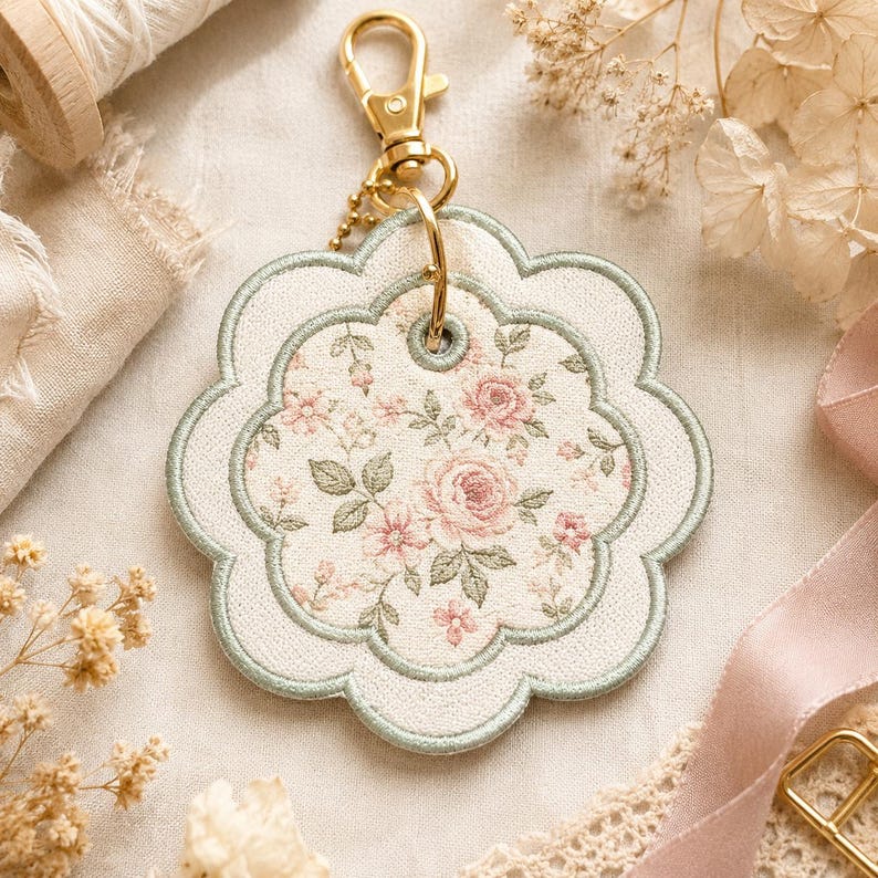 May include: A scalloped, flower-shaped fabric keyring featuring a cream-coloured base with a delicate pink rose and green leaf floral pattern. The edges are finished with sage green embroidery, and it includes a gold-toned metal lobster clasp.