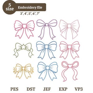 Puede incluir: Una colección de archivos de bordado digital que presenta nueve diseños de lazos distintos en varios colores y estilos, incluyendo lazos con estrellas, corazones y detalles florales. El texto 5 size Embroidery file 3", 4", 5", 6", 7" y los formatos PES, DST, JEF, EXP, VP3 son visibles.