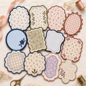 Könnte beinhalten: Eine Sammlung von zwölf Stoffuntersetzern in verschiedenen Formen, darunter gewellte, ovale und rechteckige Designs. Die Untersetzer zeigen diverse Muster wie Blumenprints, Vichy-Karos, Streifen und Punkte in Blau, Rosa und Beige.