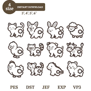Könnte beinhalten: Ein digitales Stickmuster-Set mit zwölf braunen Strichzeichnungen von Tieren, darunter Katze, Hund, Hase, Schaf, Ente, Waschbär, Schwein, Kuh, Huhn, Tiger, Dinosaurier und Bär, jeweils mit blumenförmigem Ausschnitt. Text: 4 size 3", 4", 5", 6" und Dateiformate PES, DST, JEF, EXP, VP3.