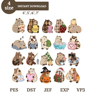 Könnte beinhalten: Eine Sammlung von zwanzig gestickten Capybara-Designs mit verschiedenen Mustern und Aktivitäten, darunter Pizza essen, Lesen, Campen und Feiertagsmotive. Der Text 4 size, 4", 5", 6", 7" und die Dateiformate PES, DST, JEF, EXP, VP3 sind sichtbar.