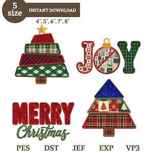 Könnte beinhalten: Stickmotive mit zwei Weihnachtsbäumen in Schottenkaro- und Glitzeroptik, dem Wort JOY mit einer Kugel sowie dem Text MERRY Christmas in Rot und Grün. Enthält 5 Größen: 4", 5", 6", 7", 8" und Dateiformate PES, DST, JEF, EXP, VP3.
