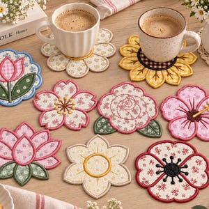 ITH Blomsterunderlägg Broderidesignpaket, Blomsterljusmatta, Blommig Muggmatta Set, Maskinbroderifiler, Direkt Nedladdning