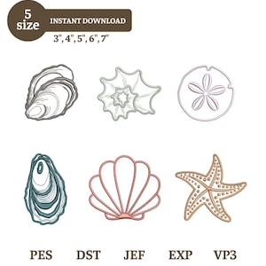 Puede incluir: Un conjunto de diseños de bordado digital con seis motivos marinos: una ostra, una concha en espiral, un dólar de arena, una almeja y una estrella de mar. El texto dice 5 size, INSTANT DOWNLOAD, 3", 4", 5", 6", 7", PES, DST, JEF, EXP, VP3.