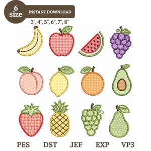 Puede incluir: Una colección de doce diseños de bordado a máquina con varias frutas, incluyendo un plátano, manzana, rodaja de sandía, uvas moradas, melocotón, limón, naranja, aguacate, fresa, piña, uvas verdes y pera, con el texto 6 size 3", 4", 5", 6", 7", 8".
