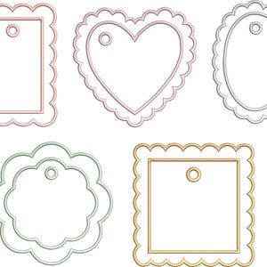 May include: A collection of five decorative tags featuring scalloped edges and a central hole for hanging. The set includes a pink rectangle, a lavender heart, a silver oval, a light green flower shape, and a gold square, all with stitched outlines.