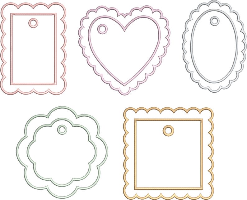 May include: A collection of five decorative tags featuring scalloped edges and a central hole for hanging. The set includes a pink rectangle, a lavender heart, a silver oval, a light green flower shape, and a gold square, all with stitched outlines.