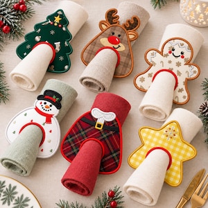 ITH Christmas Napkin Ring Applique Embroidery Design Bundle, Holiday Table Decor Embroidery File, Reindeer Machine File, Instant Download