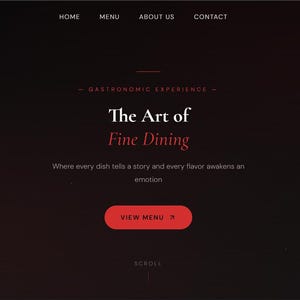 May include: A dark-themed website landing page for Aurum featuring a navigation bar with Home, Menu, About Us, and Contact links. The center text reads The Art of Fine Dining, with a red View Menu button and a green WhatsApp icon in the corner.