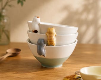 Ceramic Cat Bowls, Japanese Style Tableware, Minimalist Kitchen Decor