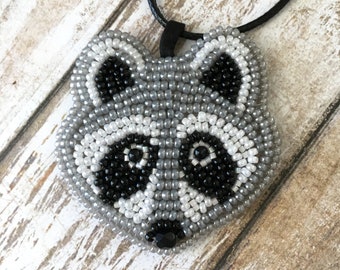 Raccoon Necklace, Hand Beaded Pendant, Cute Gift Idea for Mother's Day, 18" Faux Leather Thong Necklace, Made to Order