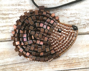 Hedgehog Pendant, Bead Embroidered Necklace, Cute Woodland Theme, Great Gift for Mom, Mum, Mother's Day, Made to Order