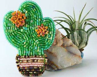 Cactus Brooch, Cute Hand Beaded Cactus Plant Pin with Orange Flowers, Gift for Her, Green Fingers, Plant Lover, Made to Order