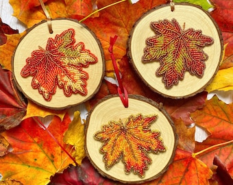 Autumn Leaf Hanging, Hand Beaded on Wood Slice, Hang on Wall or Sit on Shelf, Autumn Wall Decor, Fall Colours, Choose One Design