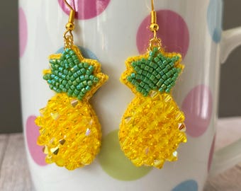Pineapple Earrings, Hand Beaded, Lightweight earrings with gold coloured hooks, tropical fruit