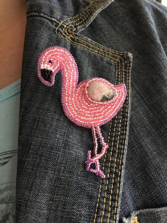 Flamingo Brooch, Cute Hand Beaded Pink Bird Pin, Fun in the Sun, Summer Birthday Gift for Her, Mother, Daughter, Sister, Girlfriend, Friend