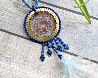 Hand Beaded Dream Catcher Ornament, Boho Room Decor, Window Decor, Protection Charm