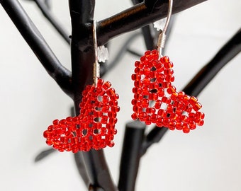 Tiny Beaded Heart Earrings, Lightweight, Sterling Silver Hooks, Choose Your Colour, Perfect Gift, Cute Present Idea