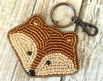 Fox Face Keychain, Bead Embroidered Purse Charm, Cute Gift Idea for Animal Lover, Never Lose Your House Keys or Car Keys! Made to Order