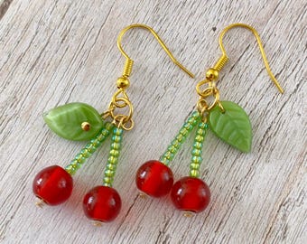 Cherry Drop Earrings, Lightweight dangly earrings with gold coloured hooks, Summer Wear