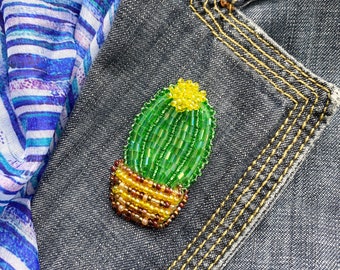 Cactus Brooch, Hand Beaded Pin, Yellow Flower, Perfect Gift for Plant Lover