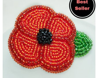 Poppy Brooch, Red Beaded Flower Pin, Summer Gift, Made to Order, Donation to the Royal British Legion With Every Purchase