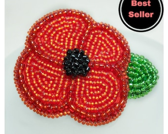 Handmade Red Beaded Poppy Brooch, Remembrance Pin, Made to Order, Donation to the Royal British Legion With Every Purchase