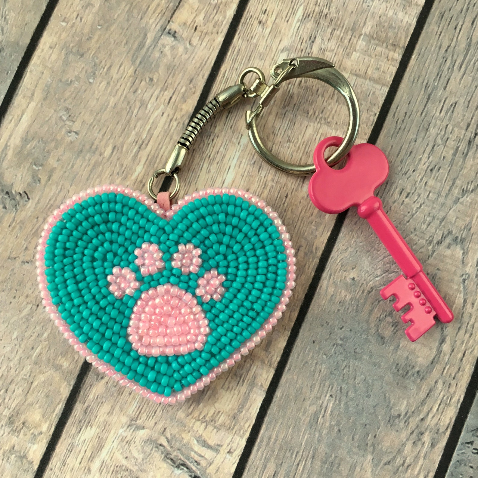 Pawprint Keychain Pink Turquoise Colours Heart Backpack Bag Etsy